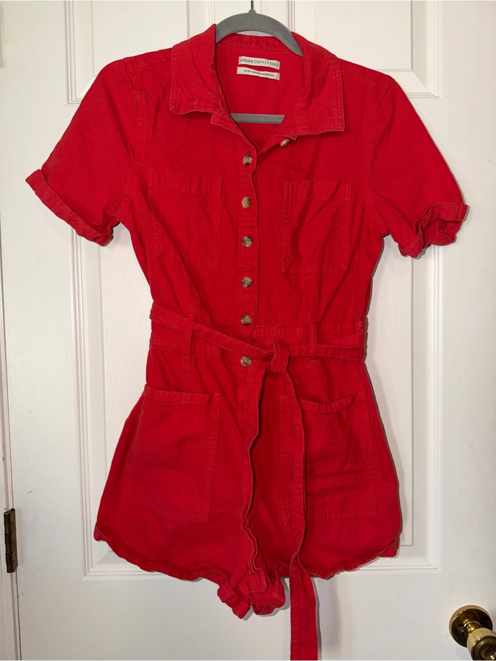 Urban Outfitters Red Short-Sleeve Button‎ Front Romper with Tie Waist